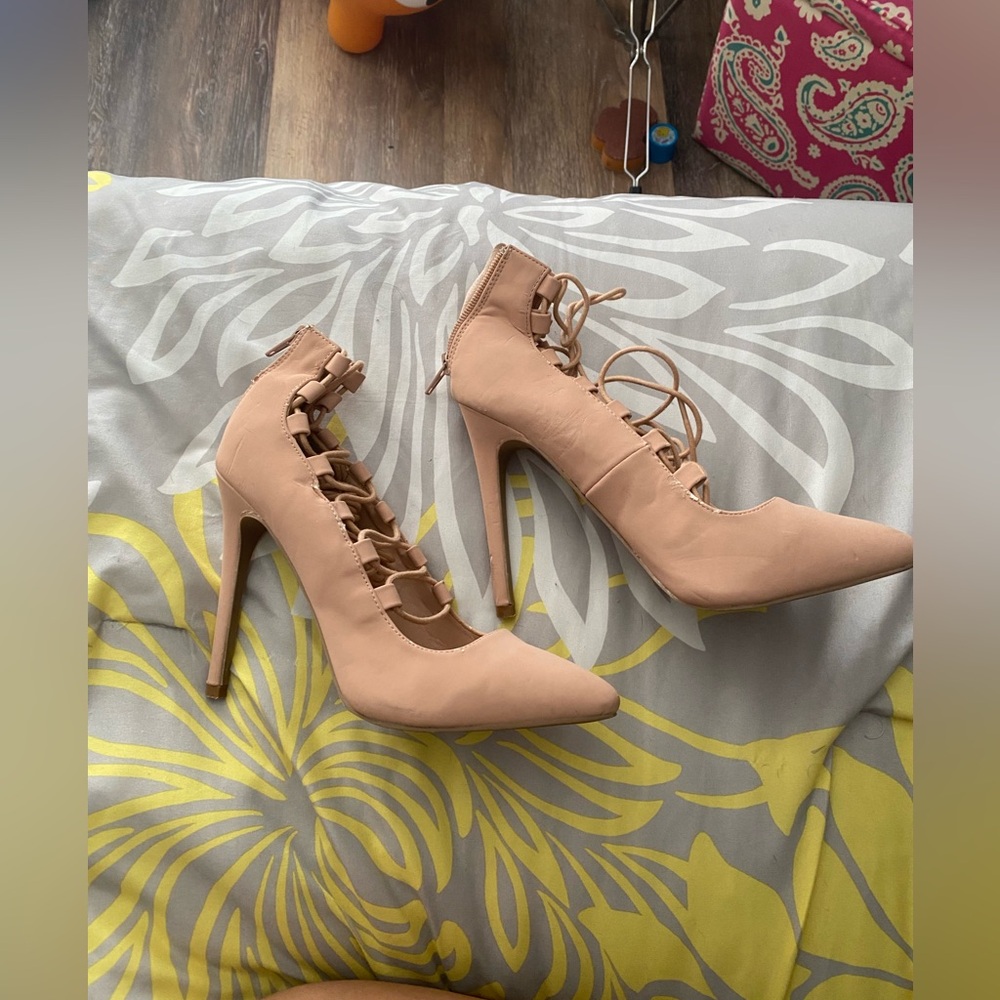 Tan lace up stilettos